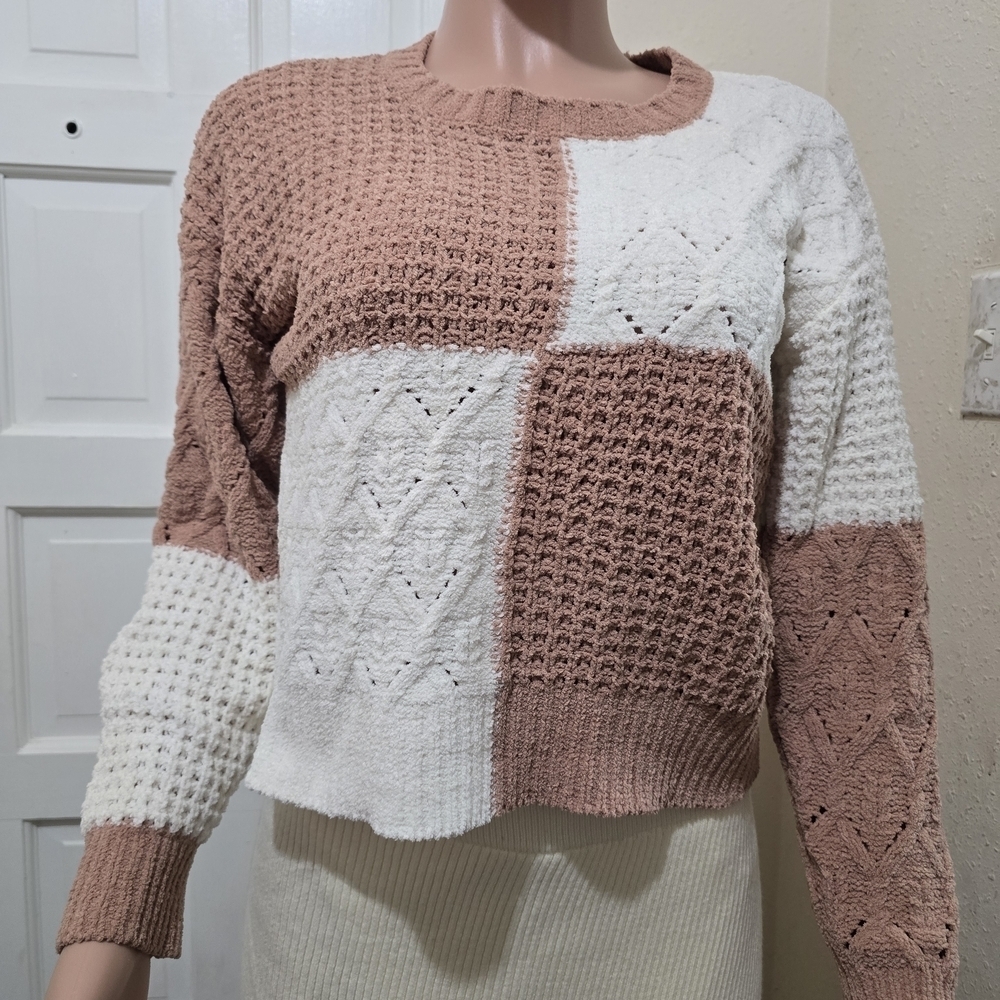 Derek Heart Pink and White Patchwork Sweater